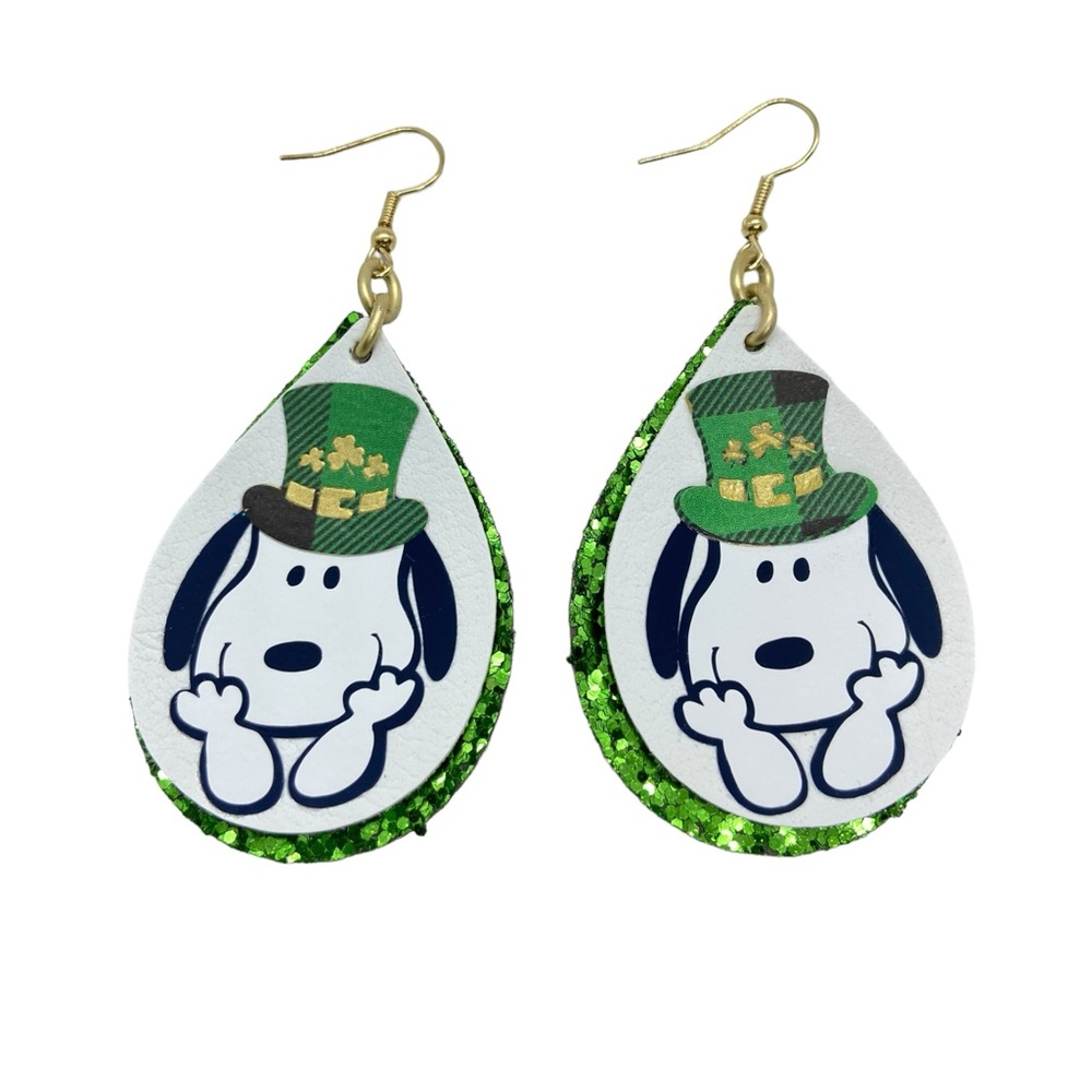 St.Patricks Day Snoopy Faux Leather Teardrop Earrings - Picture 2 of 7